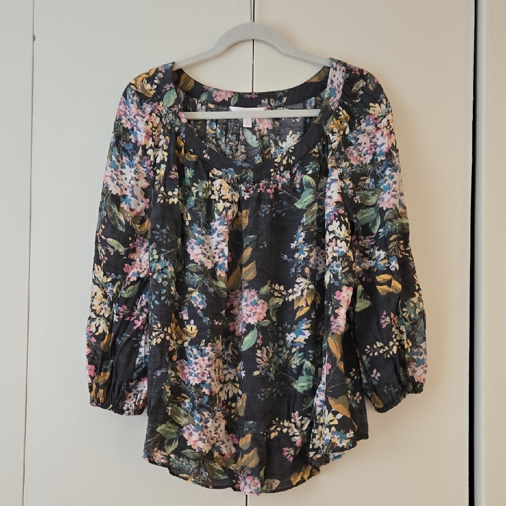 LC Lauren Conrad Black Floral Puff Sleeve Blouse